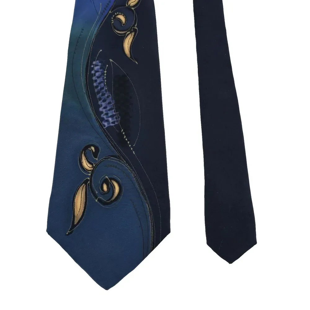 Vintage Robert Daskal Hand Painted Silk Tie Necktie Blue Signed